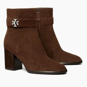 Tory burch Turnlock 75MM Brown suede Ankle Boots shoes size 6.5 dark Cocoa NWOB